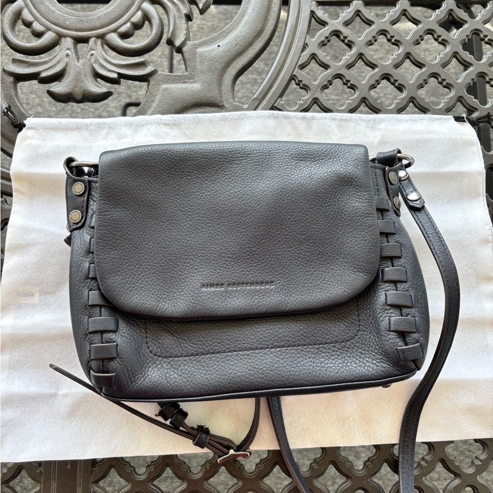 Aimee Kestenberg Navy Mini Zen Woven-Trim Pebbled Leather Crossbody